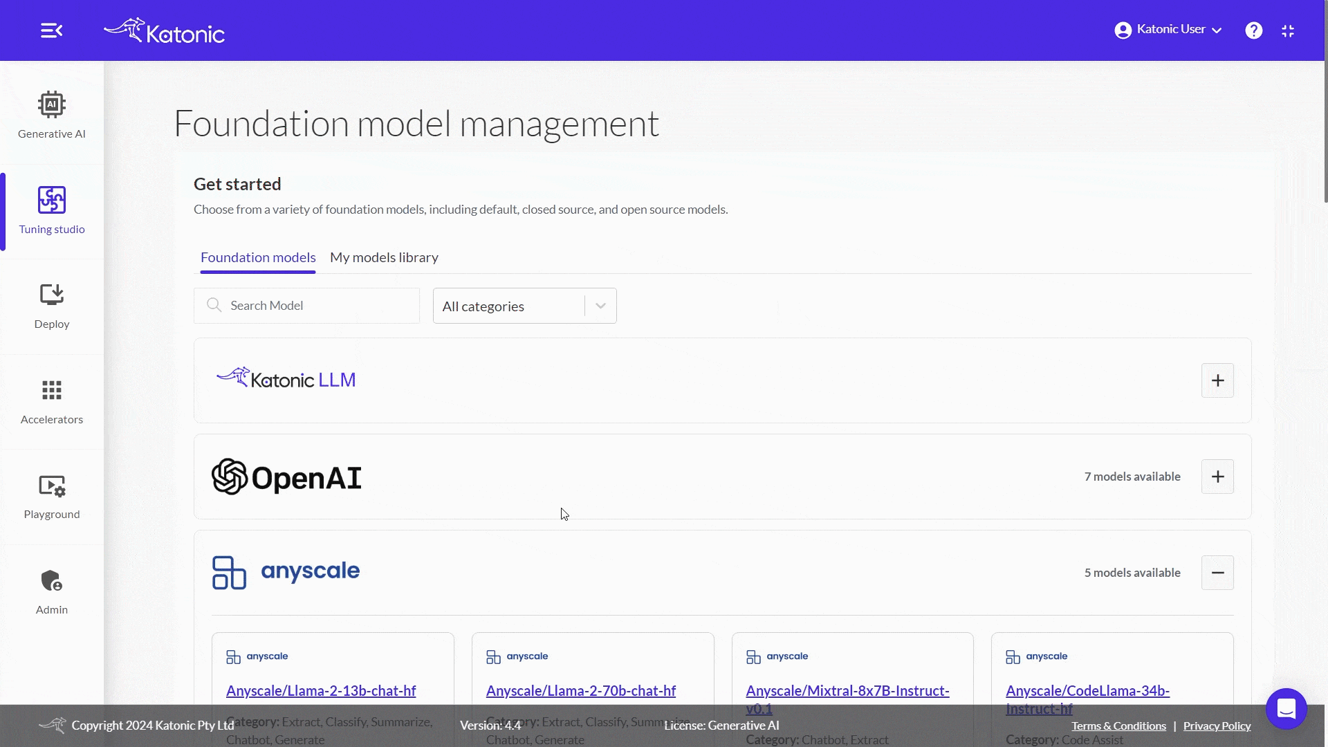 Manage models in Katonic AI: select from default, open source, or closed source options like Katonic LLM, OpenAI, Anyscale.