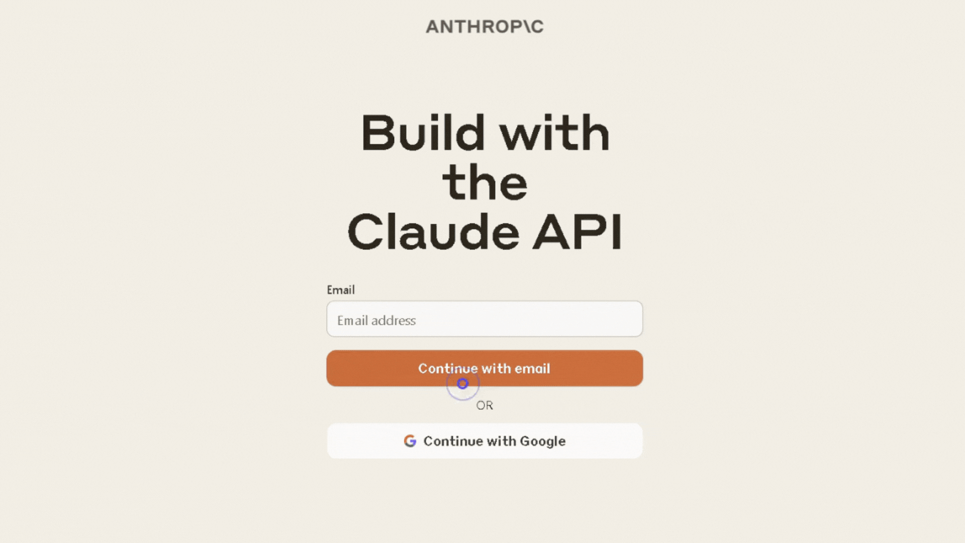 Image of signup form for Anthropic's Claude API, with options to continue with email or Google account