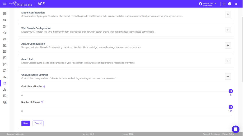 Katonic ACE Configuration screen displaying Chat Accuracy Settings with adjustable sliders for Chat History Number and Number of Chunks to fine-tune AI response accuracy