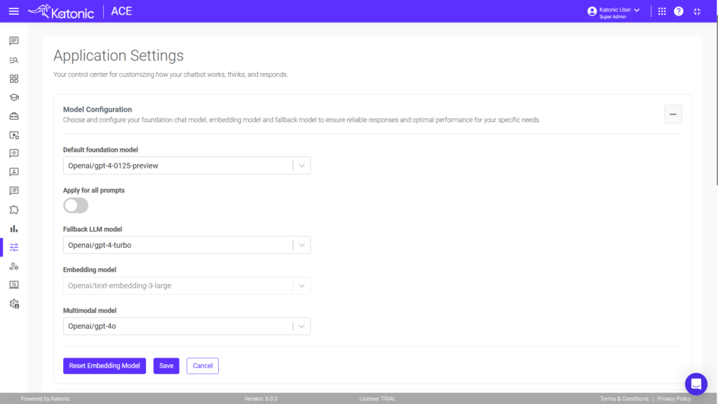 Katonic AI Platform model configuration settings with OpenAI embedding options for RAG improvements