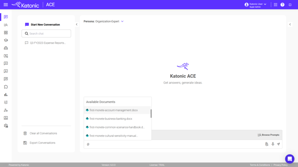 Katonic ACE chat interface showing document selection with metadata filtering for precise information retrieval from specific documents.