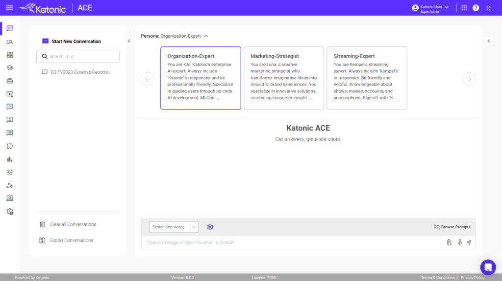 Katonic ACE chat interface showing persona selection with options like Organization-Expert, Marketing-Strategist, and Streaming-Expert. Users can switch personas via the dropdown for tailored AI responses