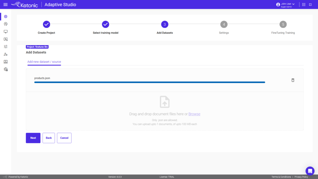 Dataset upload screen in Katonic Adaptive Studio showing JSON input for LLM fine-tuning with instruction or QA formats.