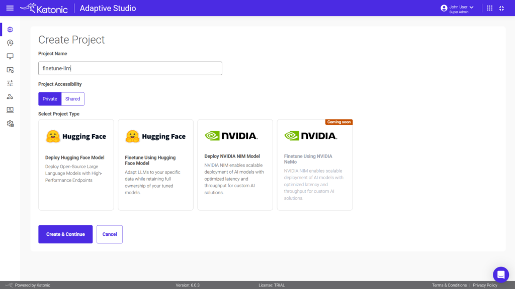 Create LLM fine-tuning project in KatoNics Adaptive Studio using Hugging Face with private or shared access.