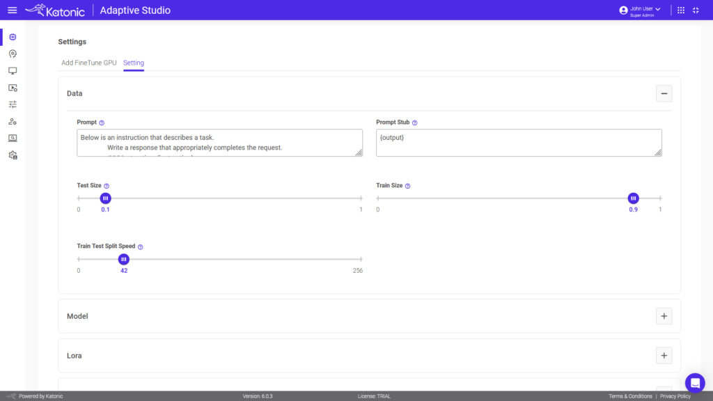 Katonic Adaptive Studio data settings showing prompt format, output stub, and sliders for test/train split (0.1 test, 0.9 train) and split speed (42).