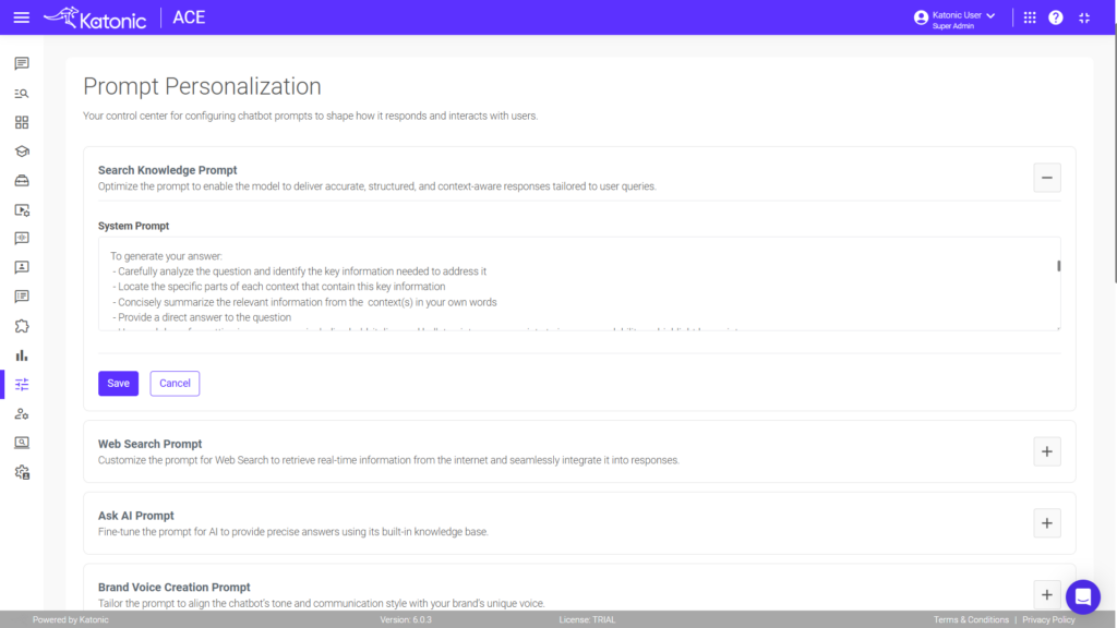 Katonic ACE platform screenshot showing the Prompt Personalization settings interface, including editable sections for System Prompt, Web Search Prompt, Ask AI Prompt, and Brand Voice Creation Prompt.