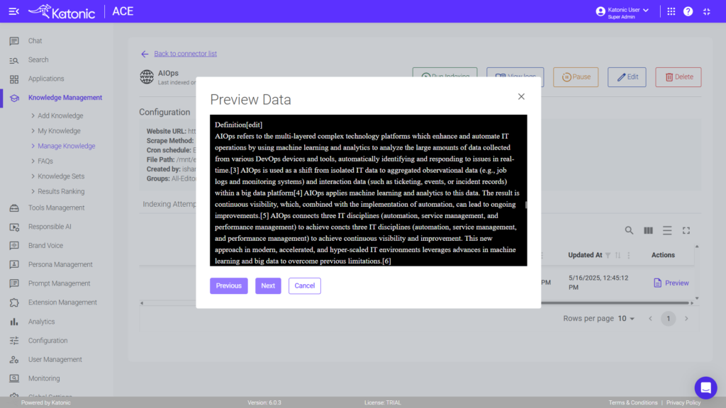 Katonic ACE Knowledge Management interface showing data preview with an option to reindex using AI Vision for better understanding of structured documents.